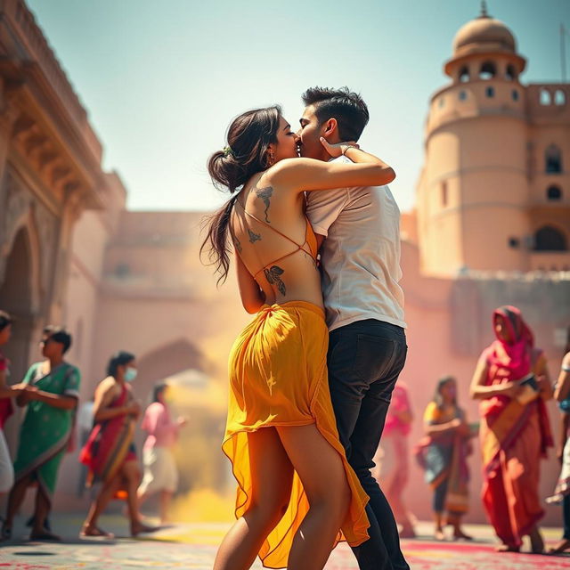 A sensual depiction of a college girl inspired by Nushrat Bharucha, wearing a stylish low waist chiffon short skirt during a vibrant Holi celebration at a majestic Rajasthani fort