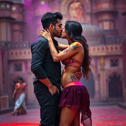 A sensual depiction of a college girl inspired by Nushrat Bharucha, dressed in a stylish low waist chiffon short skirt, engaging in a vibrant Holi celebration at a stunning Rajasthani fort