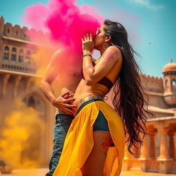 A sensual depiction of a college girl inspired by Nushrat Bharucha, dressed in a stylish low waist chiffon short skirt, engaging in a vibrant Holi celebration at a stunning Rajasthani fort