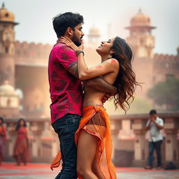 A sensual depiction of a college girl inspired by Nushrat Bharucha, dressed in a stylish low waist chiffon short skirt, engaging in a vibrant Holi celebration at a stunning Rajasthani fort