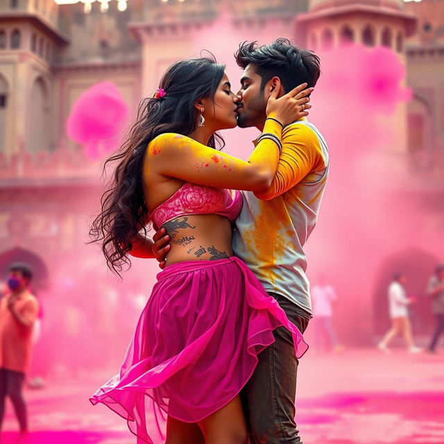 A sensual depiction of a college girl inspired by Nushrat Bharucha, dressed in a stylish low waist chiffon short skirt, engaging in a vibrant Holi celebration at a stunning Rajasthani fort