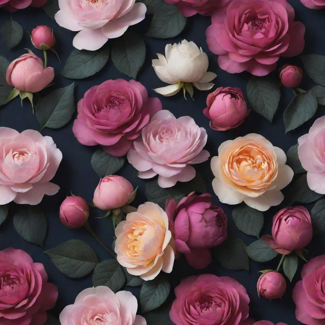 An intense 3D wallpaper representing a dark backdrop, swarming with oversized, multicoloured roses, posies, magnolias, gigantic peonies, and an extended variety of other flowers