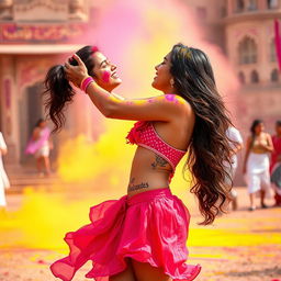 A sensual portrayal of a college girl inspired by Nushrat Bharucha, wearing a low waist chiffon short skirt, celebrating Holi at a stunning Rajasthani fort