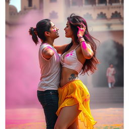A sensual portrayal of a college girl inspired by Nushrat Bharucha, wearing a low waist chiffon short skirt, celebrating Holi at a stunning Rajasthani fort