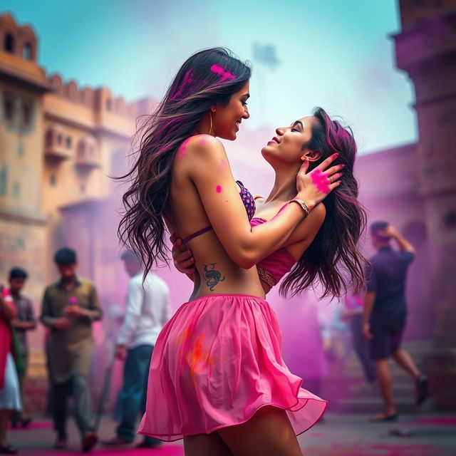 A sensual portrayal of a college girl inspired by Nushrat Bharucha, wearing a low waist chiffon short skirt, celebrating Holi at a stunning Rajasthani fort