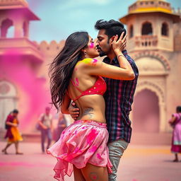 A sensual portrayal of a college girl inspired by Nushrat Bharucha, wearing a low waist chiffon short skirt, celebrating Holi at a stunning Rajasthani fort