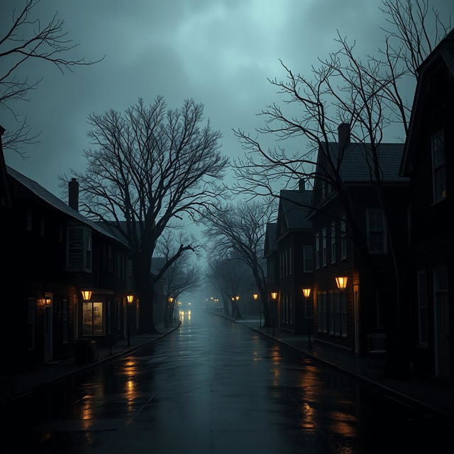 Una inquietante vista de una ciudad de Nueva Inglaterra por la noche, con un ambiente tenebroso y misterioso