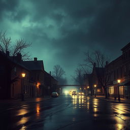 Una inquietante vista de una ciudad de Nueva Inglaterra por la noche, con un ambiente tenebroso y misterioso