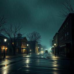 Una inquietante vista de una ciudad de Nueva Inglaterra por la noche, con un ambiente tenebroso y misterioso
