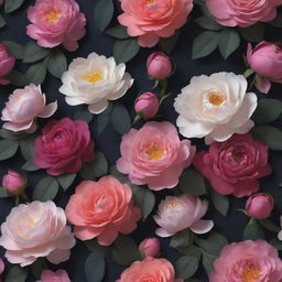 An intense 3D wallpaper representing a dark backdrop, swarming with oversized, multicoloured roses, posies, magnolias, gigantic peonies, and an extended variety of other flowers