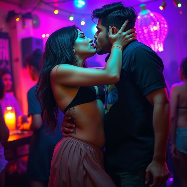 A sensual portrayal of a college girl inspired by Nushrat Bharucha, dressed in a stylish low waist chiffon short skirt at a lively house party