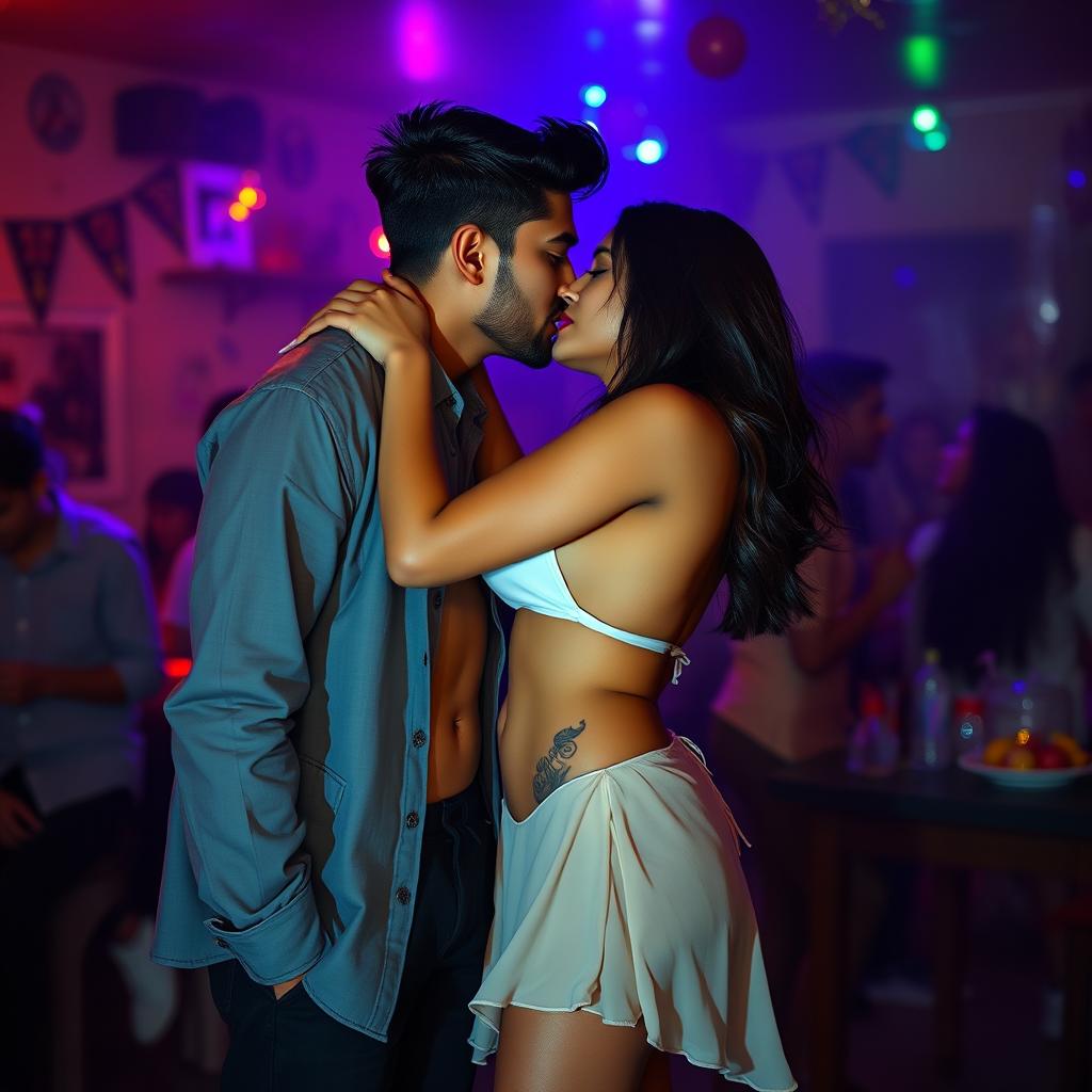 A sensual portrayal of a college girl inspired by Nushrat Bharucha, dressed in a stylish low waist chiffon short skirt at a lively house party