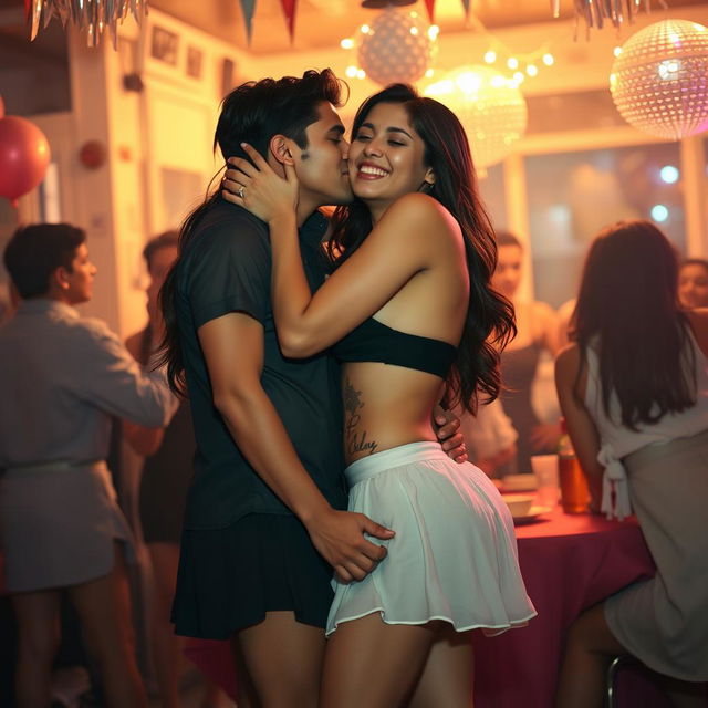 A sensual portrayal of a college girl inspired by Nushrat Bharucha, wearing a low waist chiffon short skirt at a lively house party