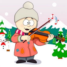 A whimsical South Park character playing a violin on a vibrant cartoonish background, featuring exaggerated facial expressions and a playful pose