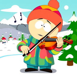 A whimsical South Park character playing a violin on a vibrant cartoonish background, featuring exaggerated facial expressions and a playful pose