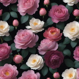 An intense 3D wallpaper representing a dark backdrop, swarming with oversized, multicoloured roses, posies, magnolias, gigantic peonies, and an extended variety of other flowers