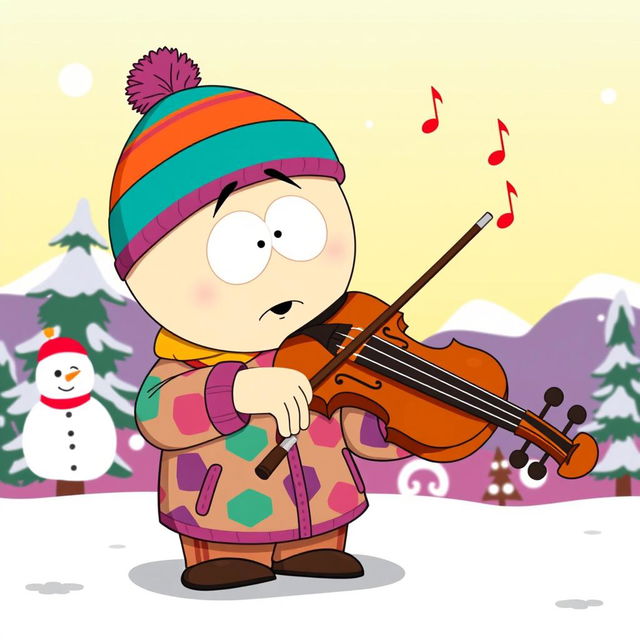 A whimsical South Park character playing a violin on a vibrant cartoonish background, featuring exaggerated facial expressions and a playful pose