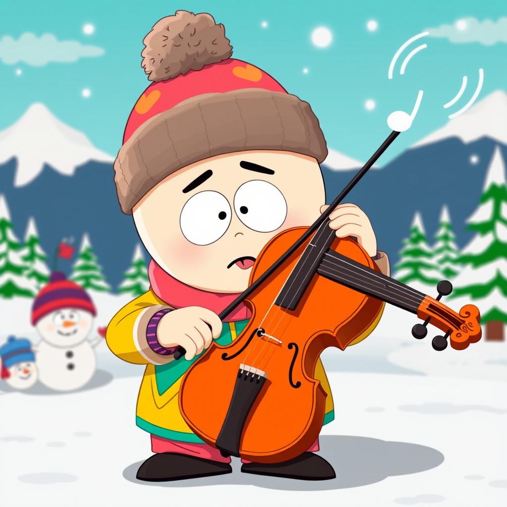 A whimsical South Park character playing a violin on a vibrant cartoonish background, featuring exaggerated facial expressions and a playful pose