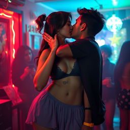 A sensual portrayal of a college girl inspired by Nushrat Bharucha, wearing a low waist chiffon short skirt at a lively house party