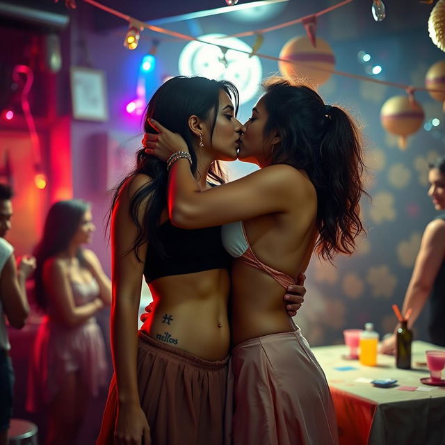 A sensual portrayal of a college girl inspired by Nushrat Bharucha, wearing a low waist chiffon short skirt at a lively house party