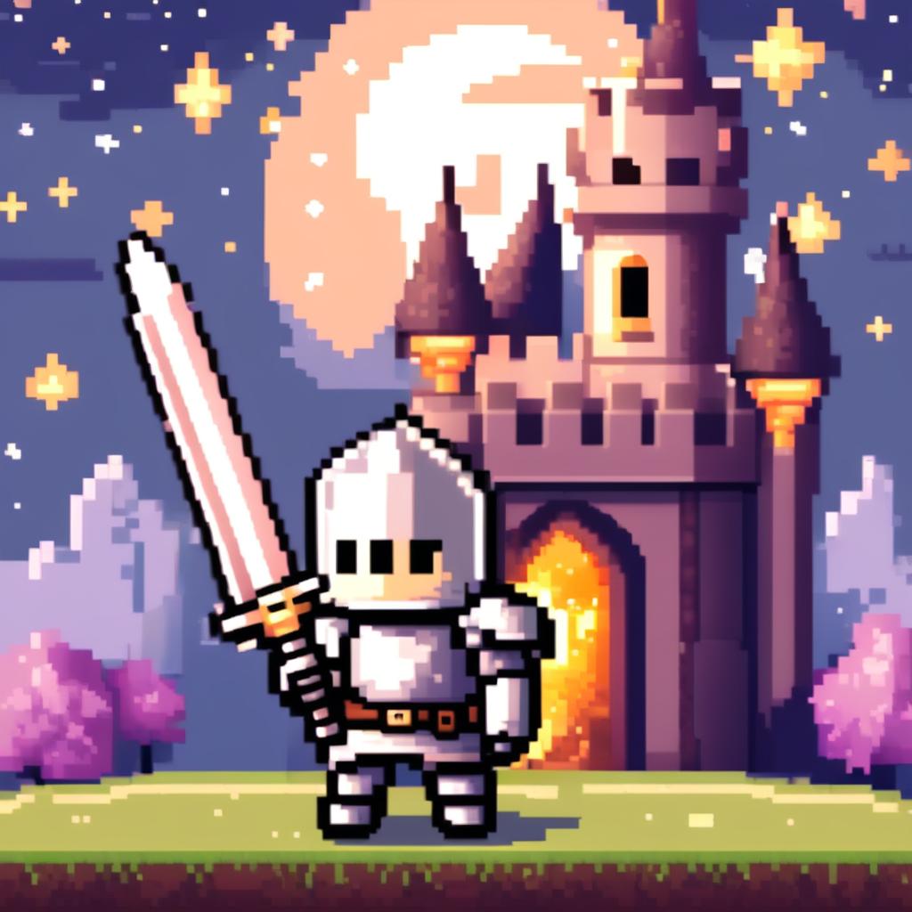 Pixel art profile picture featuring an adorable knight in gleaming silver armor, holding a large sword, standing against a castle under a starry twilight sky