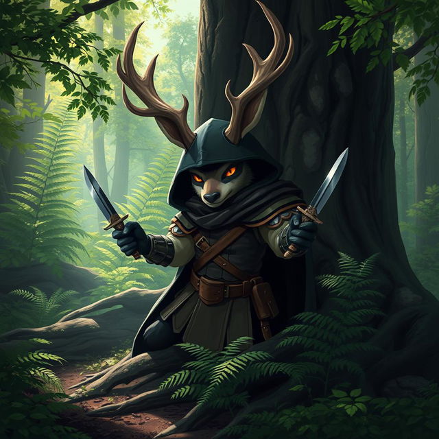 A sneaky jackalope ranger character in a mystical fantasy forest, showcasing a jackalope with impressive large antlers and a cunning glint in its eyes