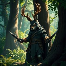 A sneaky jackalope ranger character in a mystical fantasy forest, showcasing a jackalope with impressive large antlers and a cunning glint in its eyes