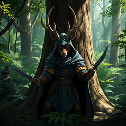 A sneaky jackalope ranger character in a mystical fantasy forest, showcasing a jackalope with impressive large antlers and a cunning glint in its eyes