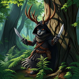 A sneaky jackalope ranger character in a mystical fantasy forest, showcasing a jackalope with impressive large antlers and a cunning glint in its eyes