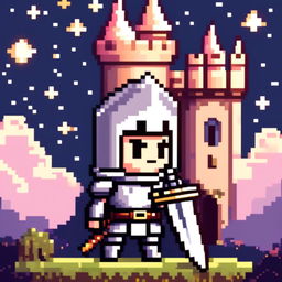 Pixel art profile picture featuring an adorable knight in gleaming silver armor, holding a large sword, standing against a castle under a starry twilight sky