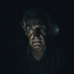 A suspenseful scene featuring an old man standing alone in a dimly lit environment, surrounded by darkness that heightens the tension