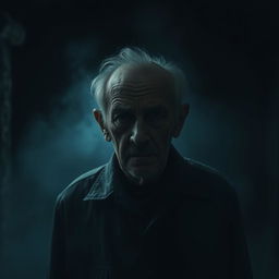 A suspenseful scene featuring an old man standing alone in a dimly lit environment, surrounded by darkness that heightens the tension
