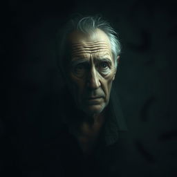 A suspenseful scene featuring an old man standing alone in a dimly lit environment, surrounded by darkness that heightens the tension