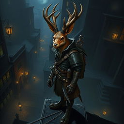 A cunning jackalope rogue character set in a shadowy urban environment, showcasing a jackalope with large, impressive antlers and a clever, sly expression