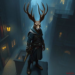 A cunning jackalope rogue character set in a shadowy urban environment, showcasing a jackalope with large, impressive antlers and a clever, sly expression