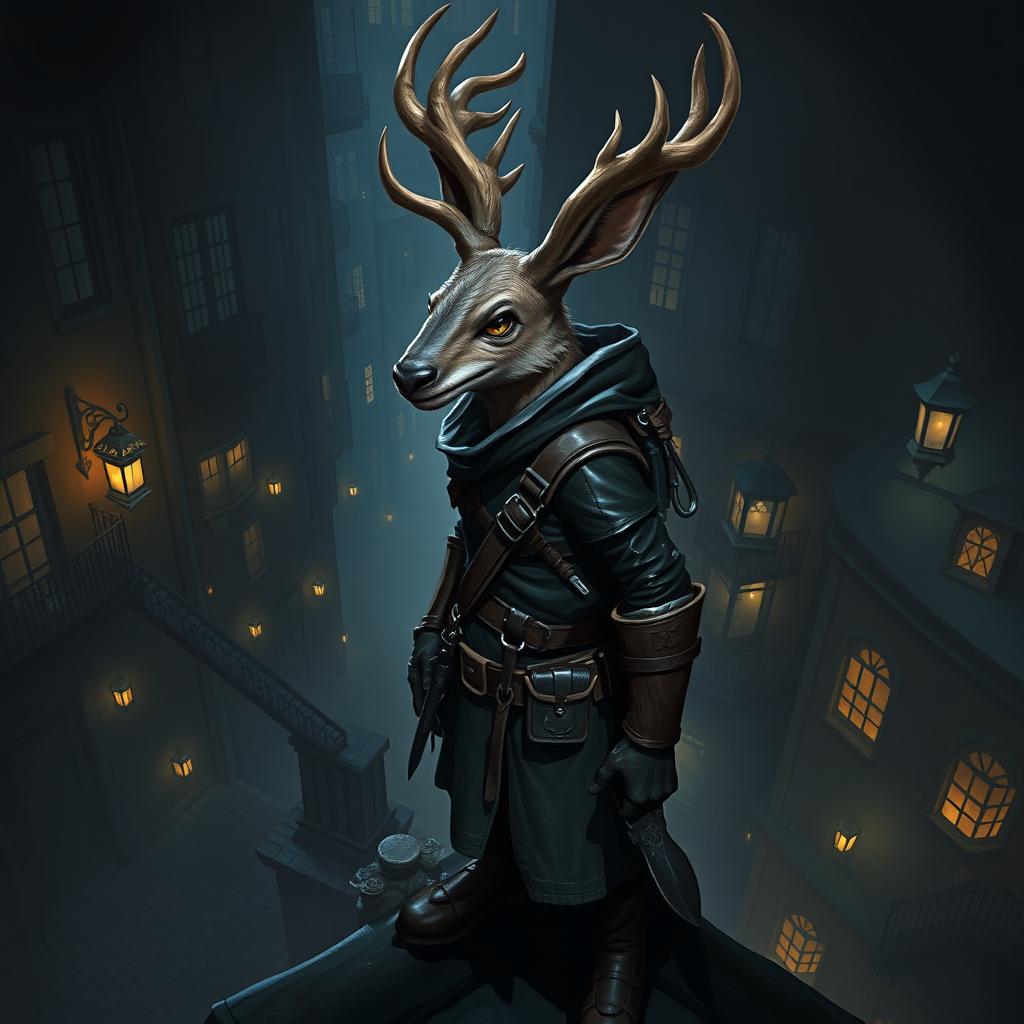 A cunning jackalope rogue character set in a shadowy urban environment, showcasing a jackalope with large, impressive antlers and a clever, sly expression