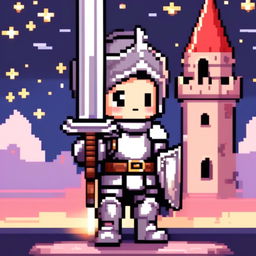 Pixel art profile picture featuring an adorable knight in gleaming silver armor, holding a large sword, standing against a castle under a starry twilight sky