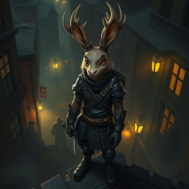 A cunning jackalope rogue character set in a shadowy urban environment, showcasing a jackalope with large, impressive antlers and a clever, sly expression