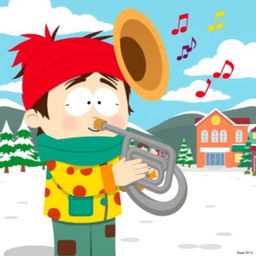 A cartoon scene inspired by the South Park style, featuring a humorous character playing a tuba