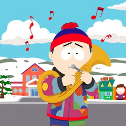 A cartoon scene inspired by the South Park style, featuring a humorous character playing a tuba