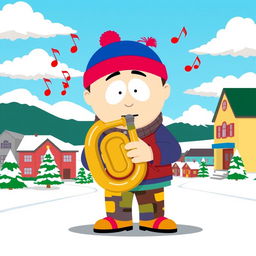 A cartoon scene inspired by the South Park style, featuring a humorous character playing a tuba