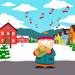 A cartoon scene inspired by the South Park style, featuring a humorous character playing a tuba