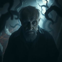 A surreal and suspenseful scene featuring an old man shrouded in darkness, surrounded by dreamlike and eerie elements