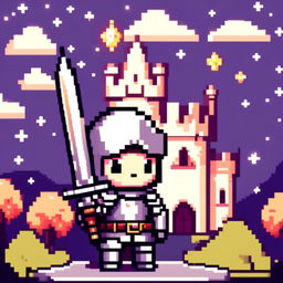 Pixel art profile picture featuring an adorable knight in gleaming silver armor, holding a large sword, standing against a castle under a starry twilight sky