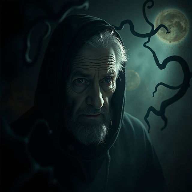 A surreal and suspenseful scene featuring an old man shrouded in darkness, surrounded by dreamlike and eerie elements