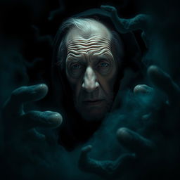 A surreal and suspenseful scene featuring an old man shrouded in darkness, surrounded by dreamlike and eerie elements