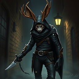 A stealthy jackalope assassin character in a dark, mysterious setting, showcasing the jackalope with striking antlers and a fierce, focused expression