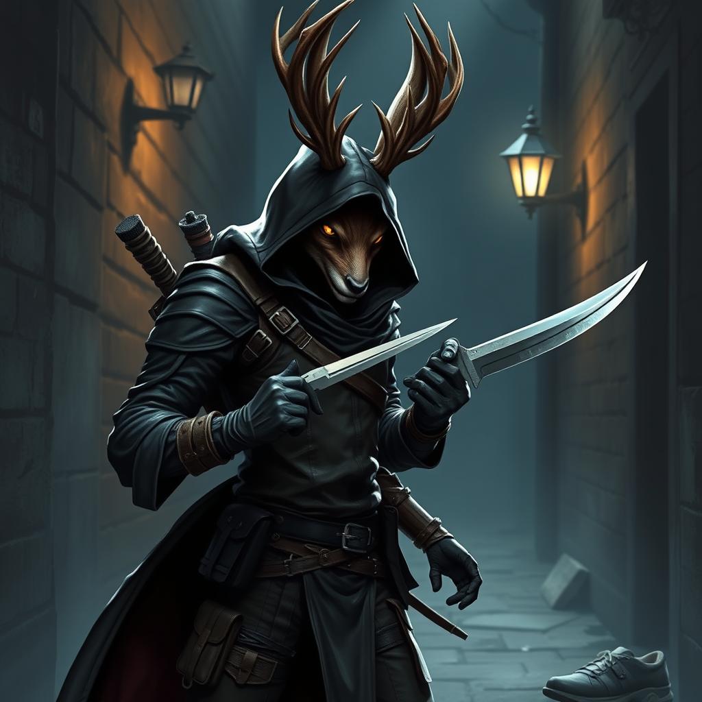 A stealthy jackalope assassin character in a dark, mysterious setting, showcasing the jackalope with striking antlers and a fierce, focused expression