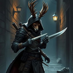 A stealthy jackalope assassin character in a dark, mysterious setting, showcasing the jackalope with striking antlers and a fierce, focused expression