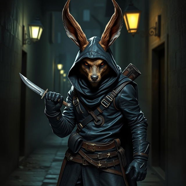 A stealthy jackalope assassin character in a dark, mysterious setting, showcasing the jackalope with striking antlers and a fierce, focused expression